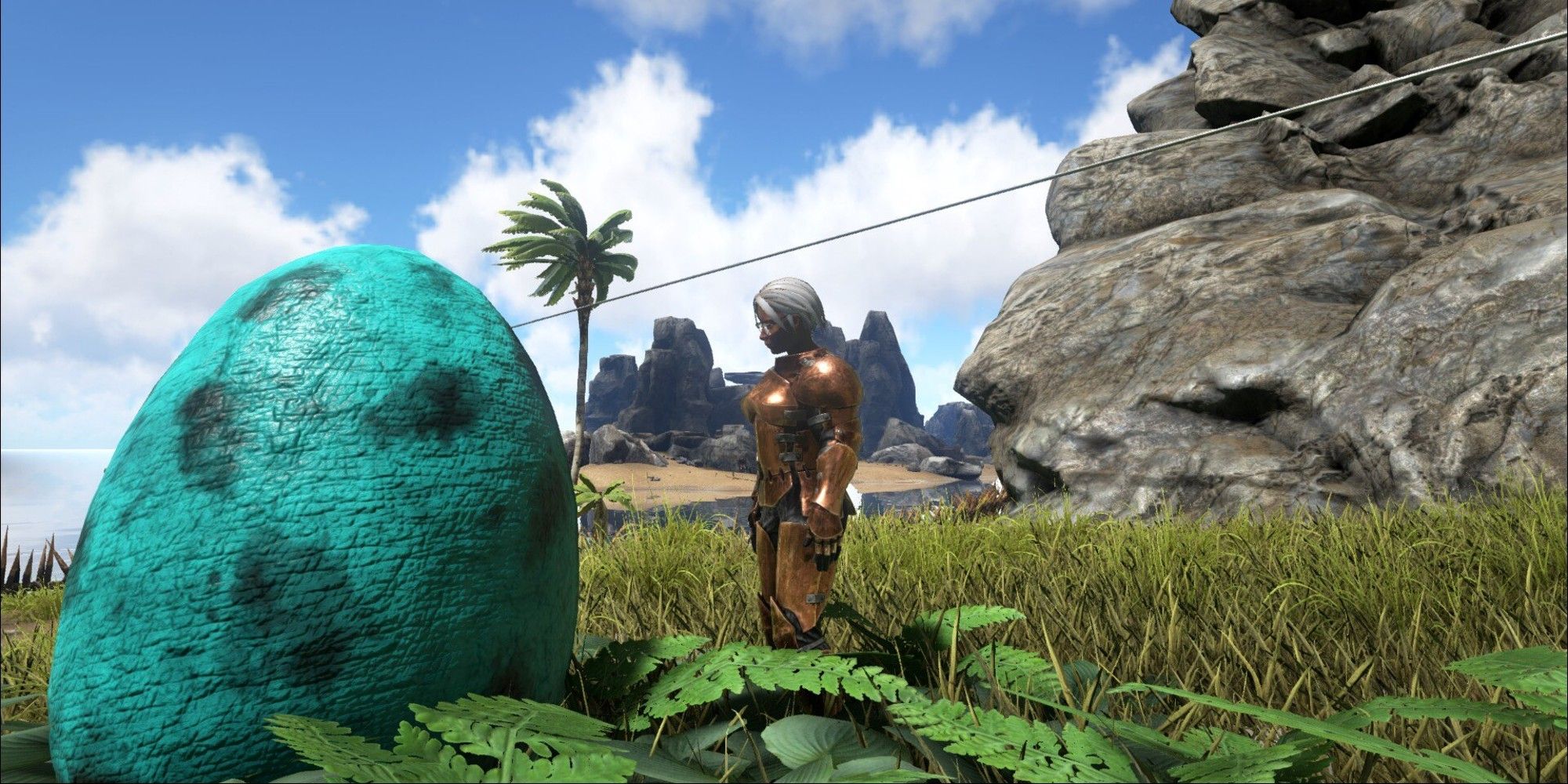 player standing next to a giant egg