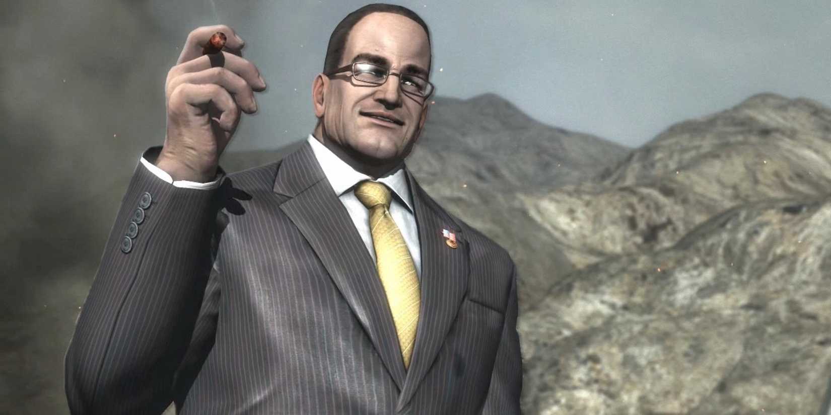 Armstrong smoking a cigar in Metal Gear Rising: Revengeance.