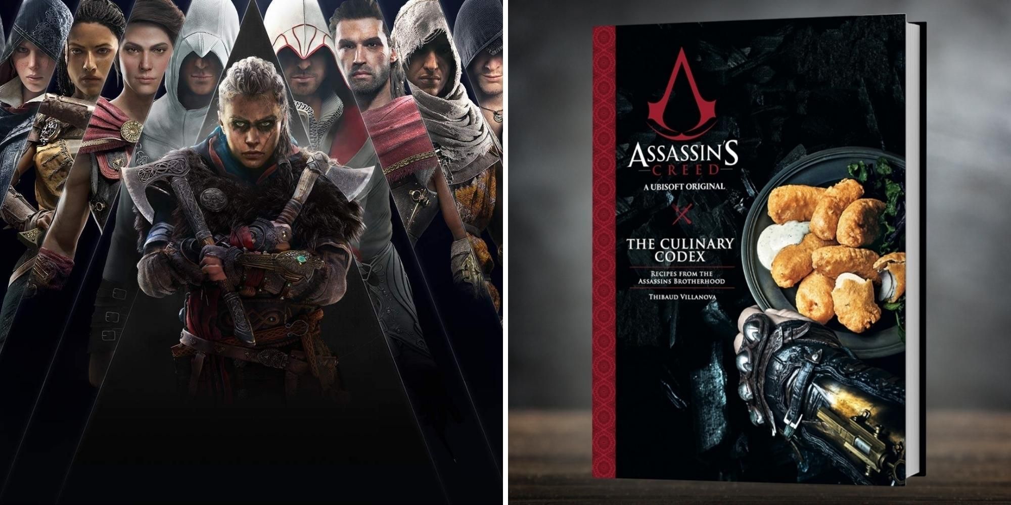 Assassins Creed characters from the franchise and The Culinary Codex cookbook