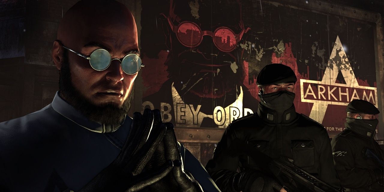 Hugo Strange standing beside a soldier and an Arkham City sign saying "Obey Order""
