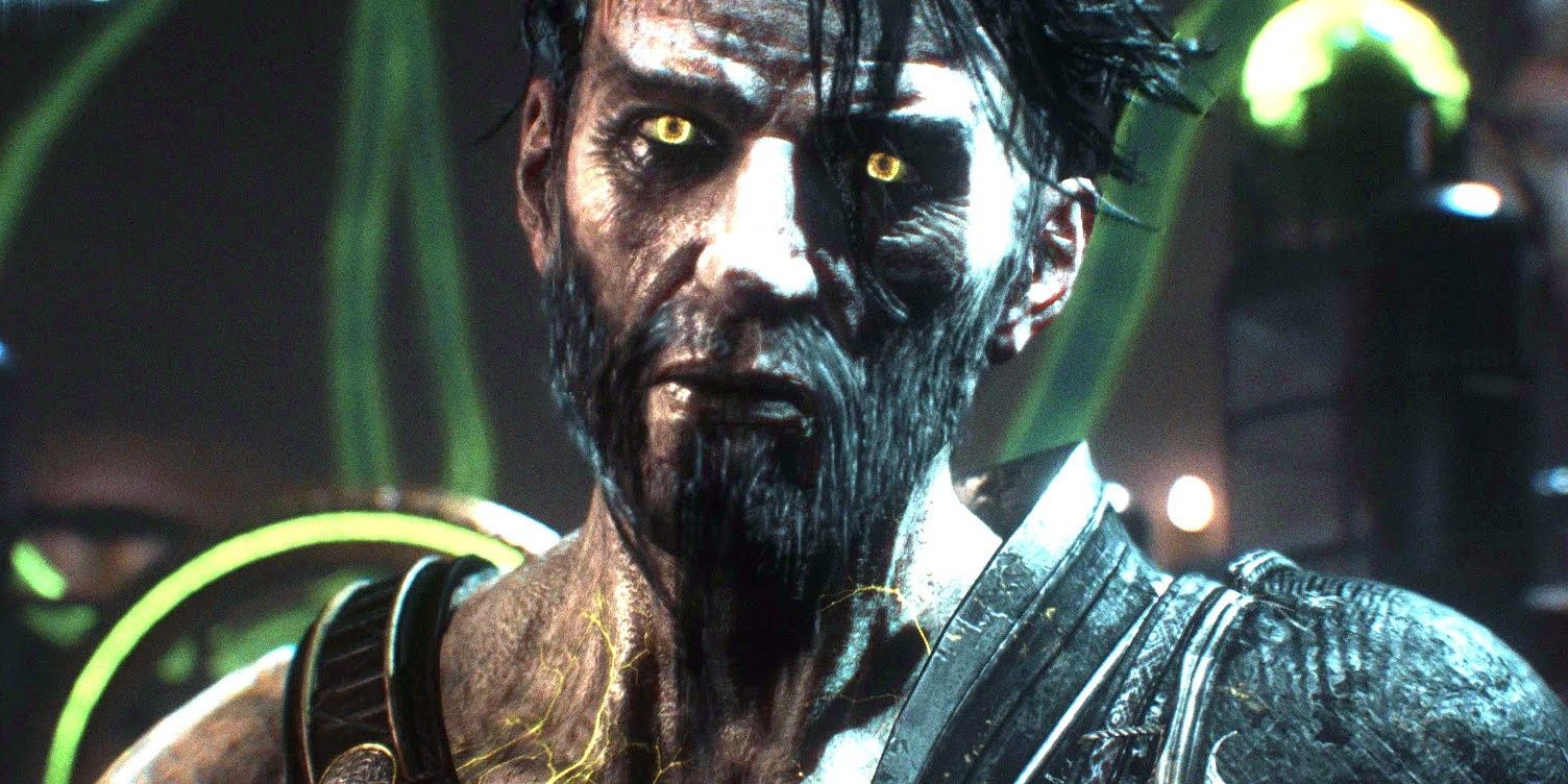A close-up of Ra's Al Ghul with many green wires behind him