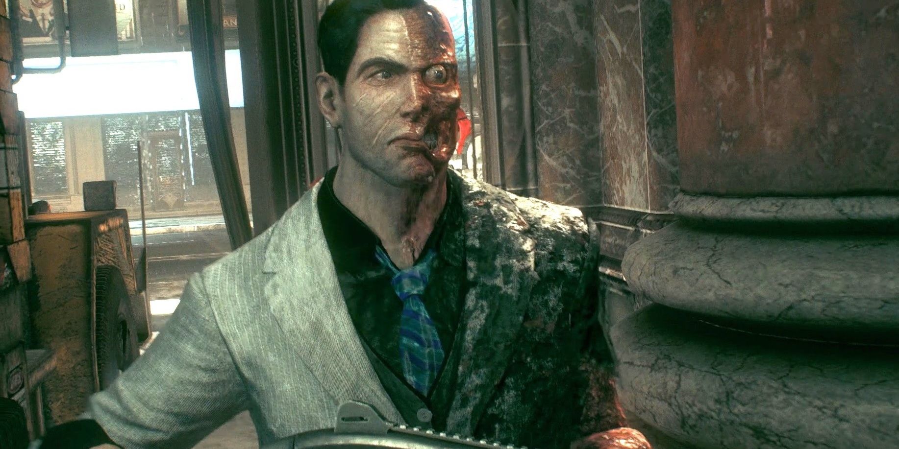 Two-Face holding a shotgun standing in a bank
