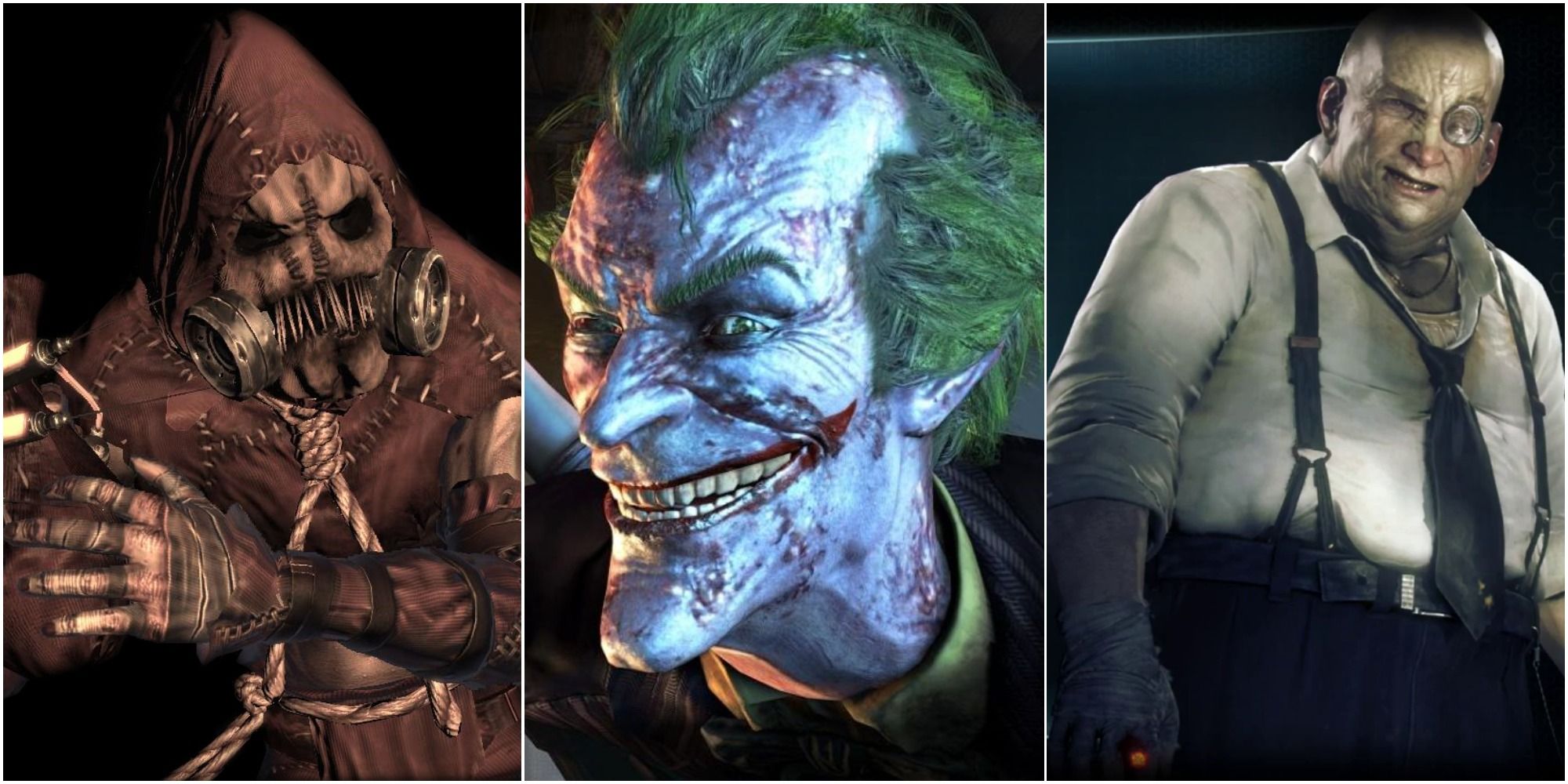A closeup of Scarecrow from Arkham Asylum, The Joker smiling maniacally and the Penguin grinning, left to right