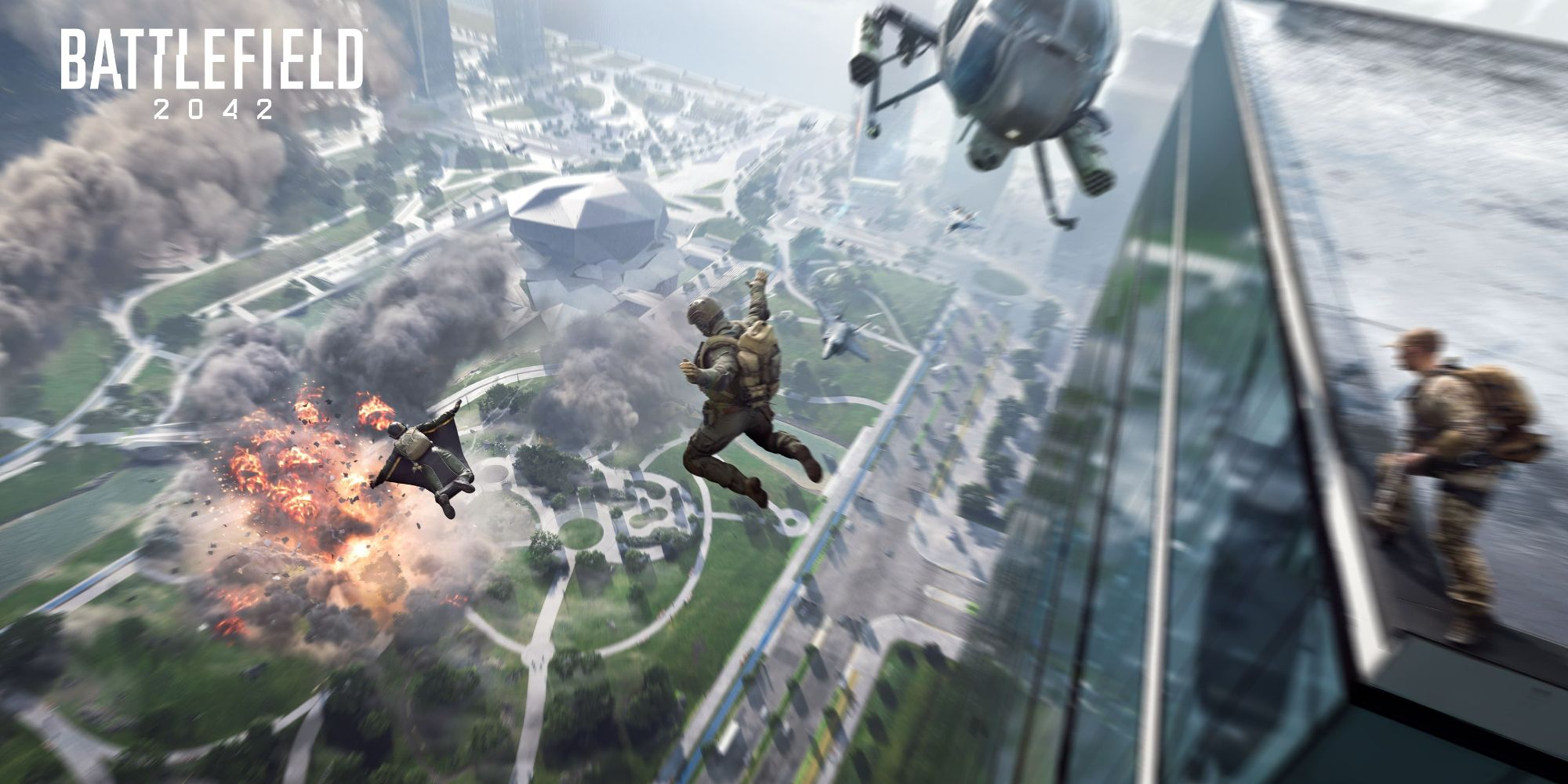 Players jumping off a roof and using a wingsuit in Battlefield 2042.