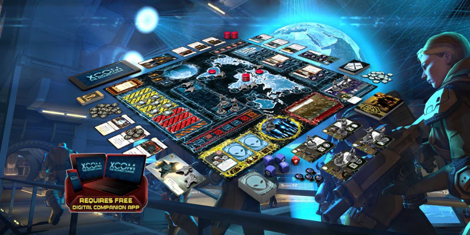Best Cooperative Board Games an image of the board game XCOM The Board Game with its board, pieces and cards laid out on top of an image of the game XCOM: Enemy Unknown