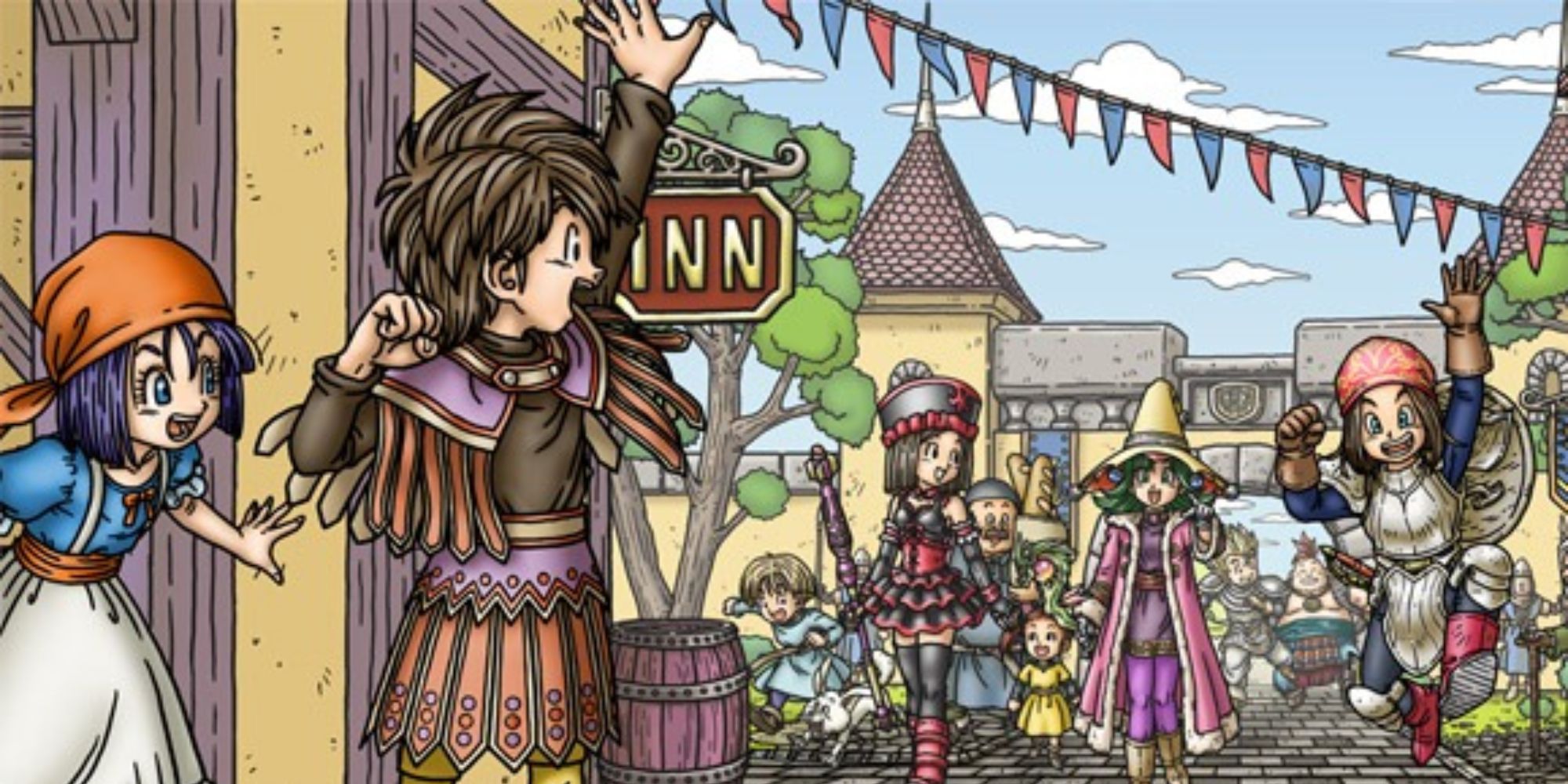 Best Overworlds concept art of the Minstrel and an assortment of other characters from Dragon Quest 9 Sentinels Of The Starry Sky next to an Inn