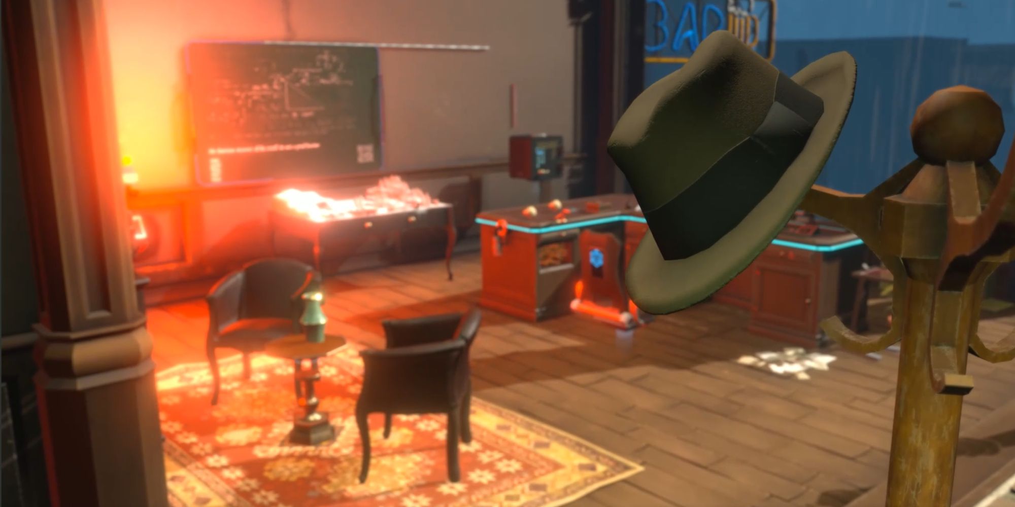Best Puzzle VR Games a mid shot of a fedora hung up with the rest of the room in the background out of focus from Abode 2