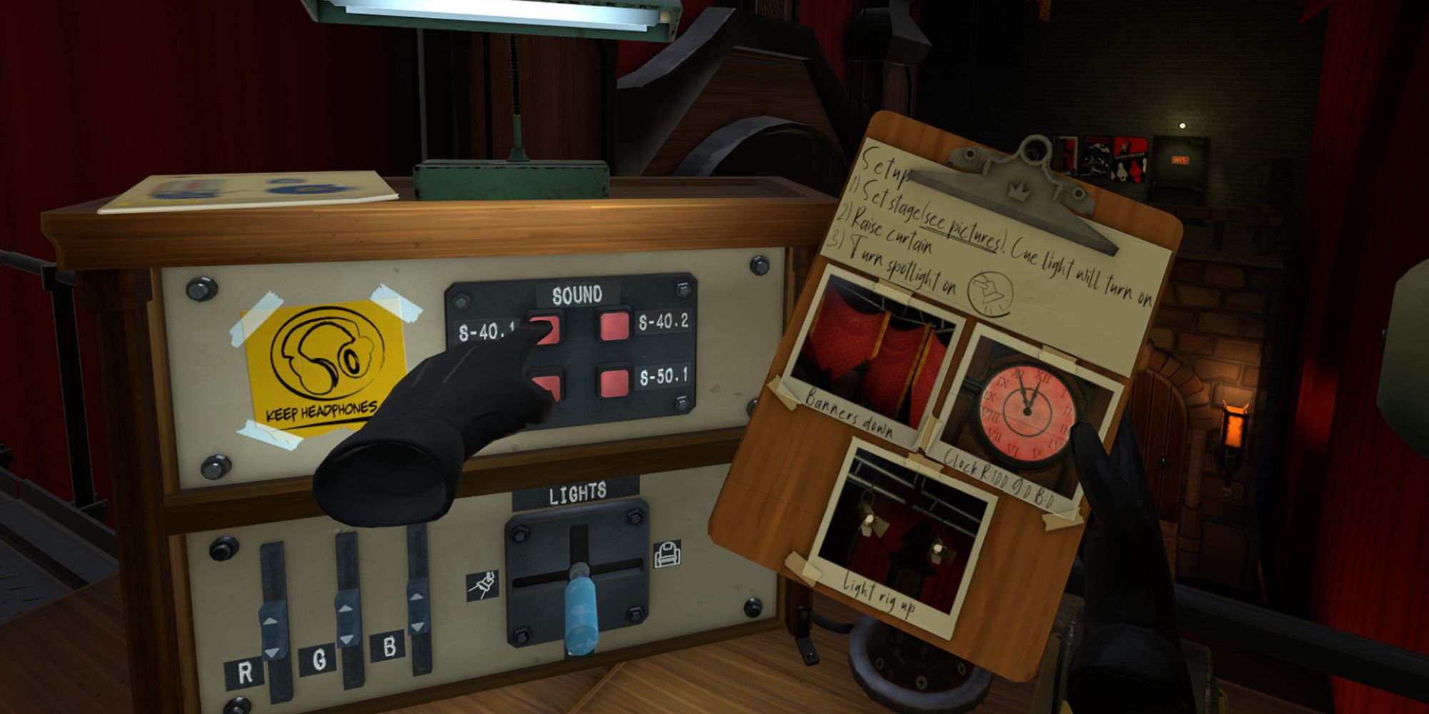 Best Puzzle VR Games a mid POV shot of the player's gloved hand prodding a red button on a machine in I Expect You To Die 2 with a clipboard held in their other hand