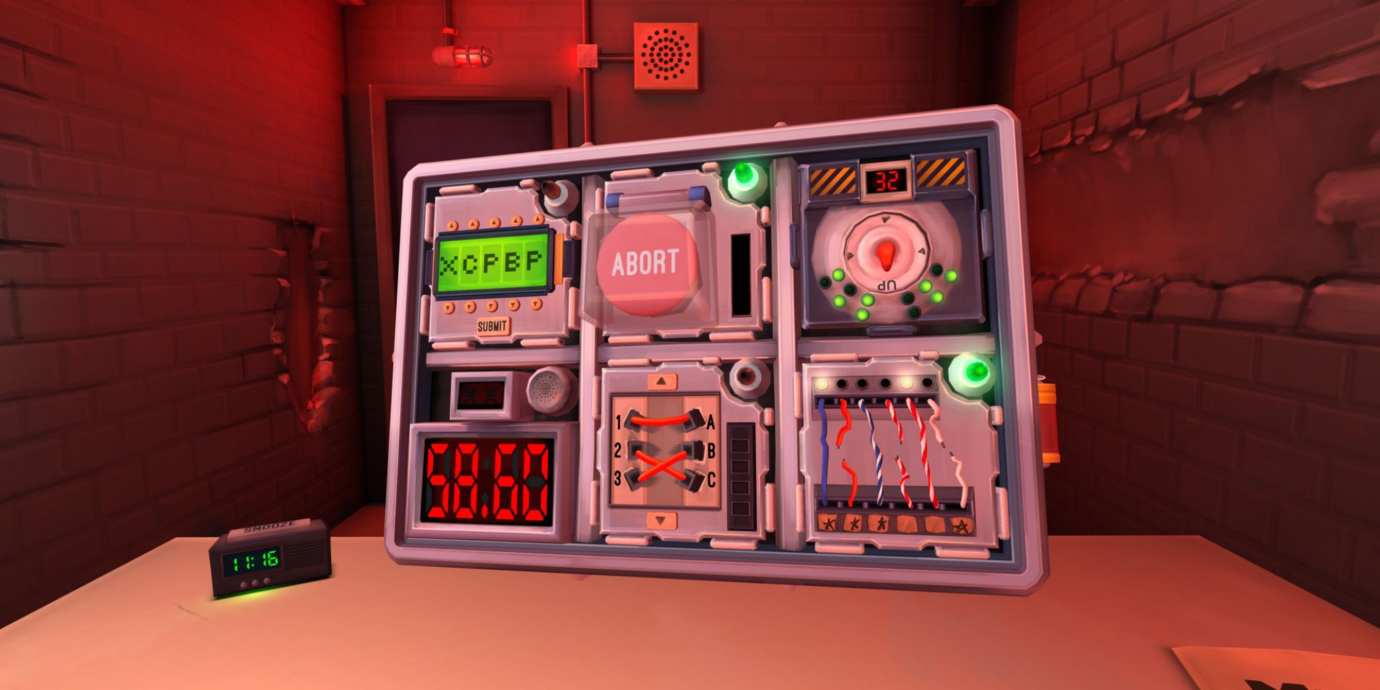 Best Puzzle VR Games a mid shot of an opened briefcase covered in various puzzles and an enclosed abort button in a red-tinted room from Keep Talking And No One Explodes