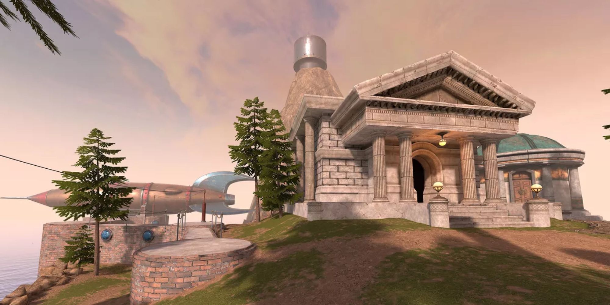 Best Puzzle VR Games a wide shot of a temple from the game Myst with a bronze rocketship and another temple in the background