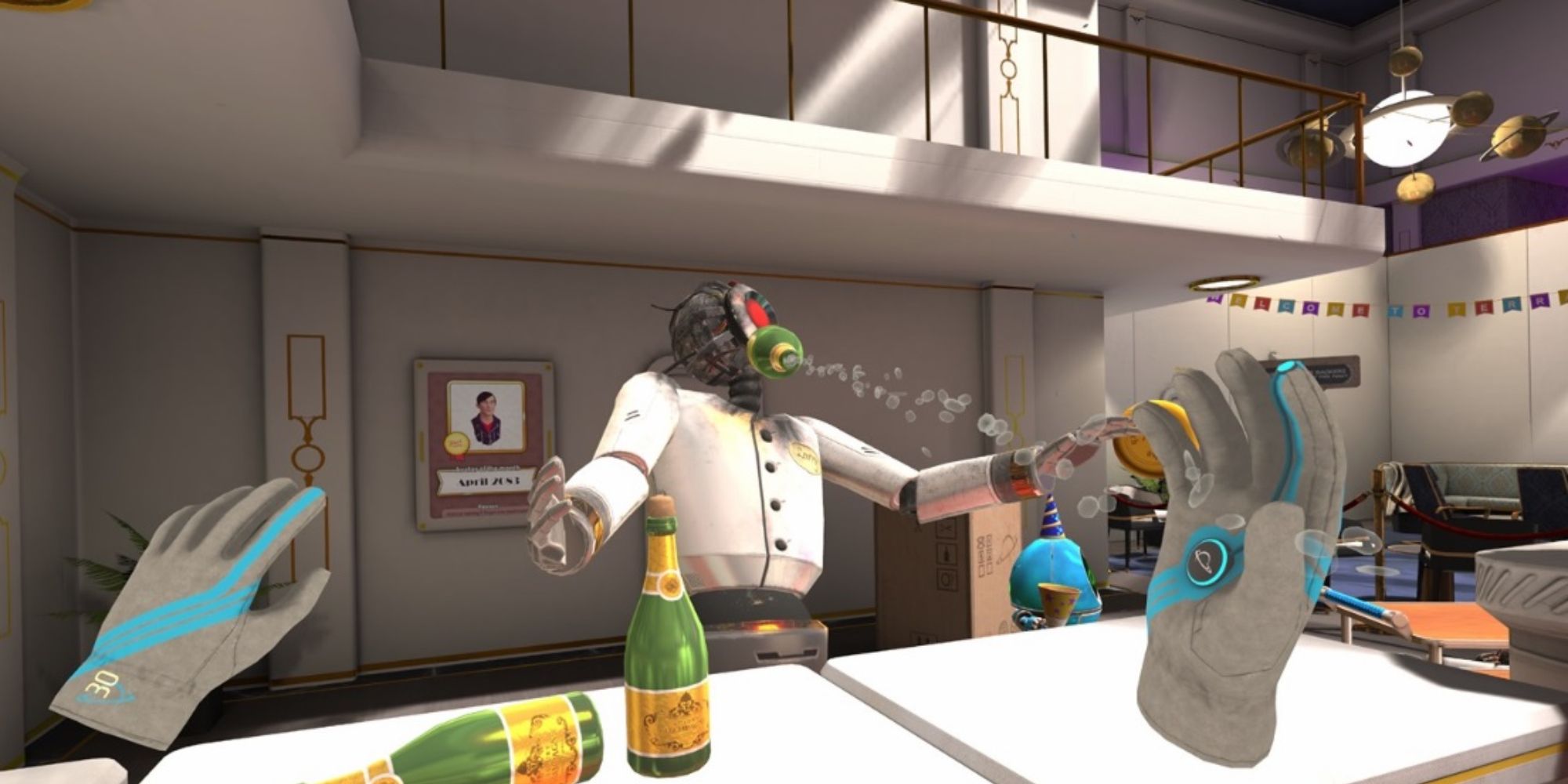 Best Puzzle VR Games a POVE shot from the game Time Stall of a robot in a chef's outfit being hit in the face by a champagne bottle