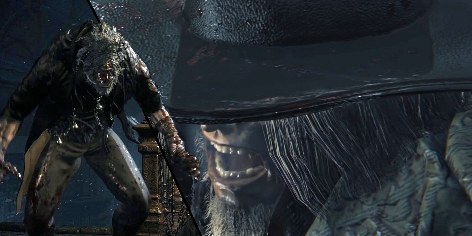 Bloodborne split image of Father Gasvoigne in his werewolf and human form