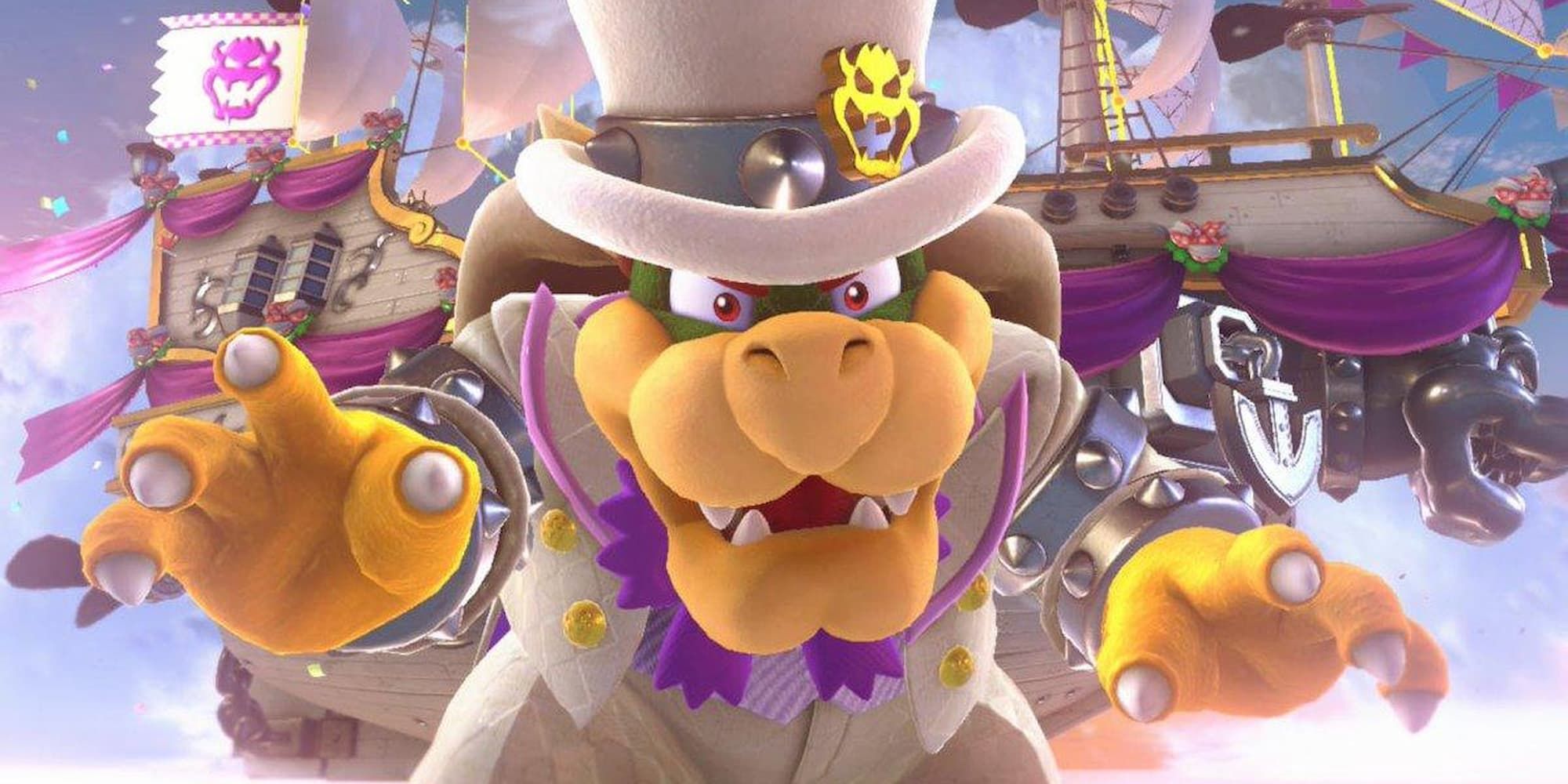 Bowser in front of his airship in Mario Odyssey