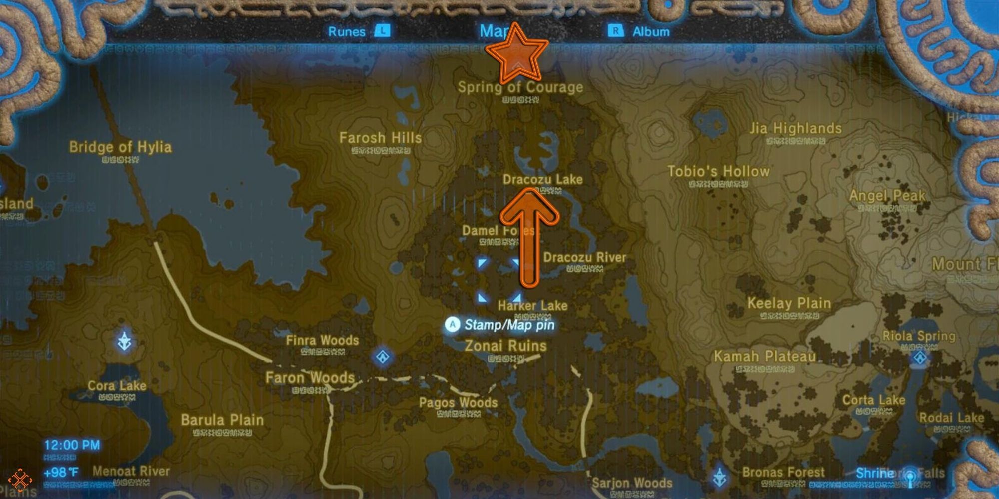 Breath of the Wild - Image of the map with the Spring of Courage highlighted
