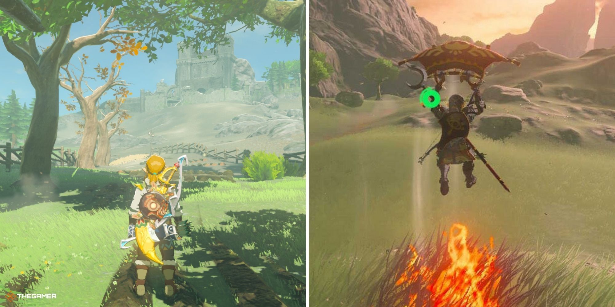Breath of the Wild - link in a forest on left, link using his glider above a fire on right