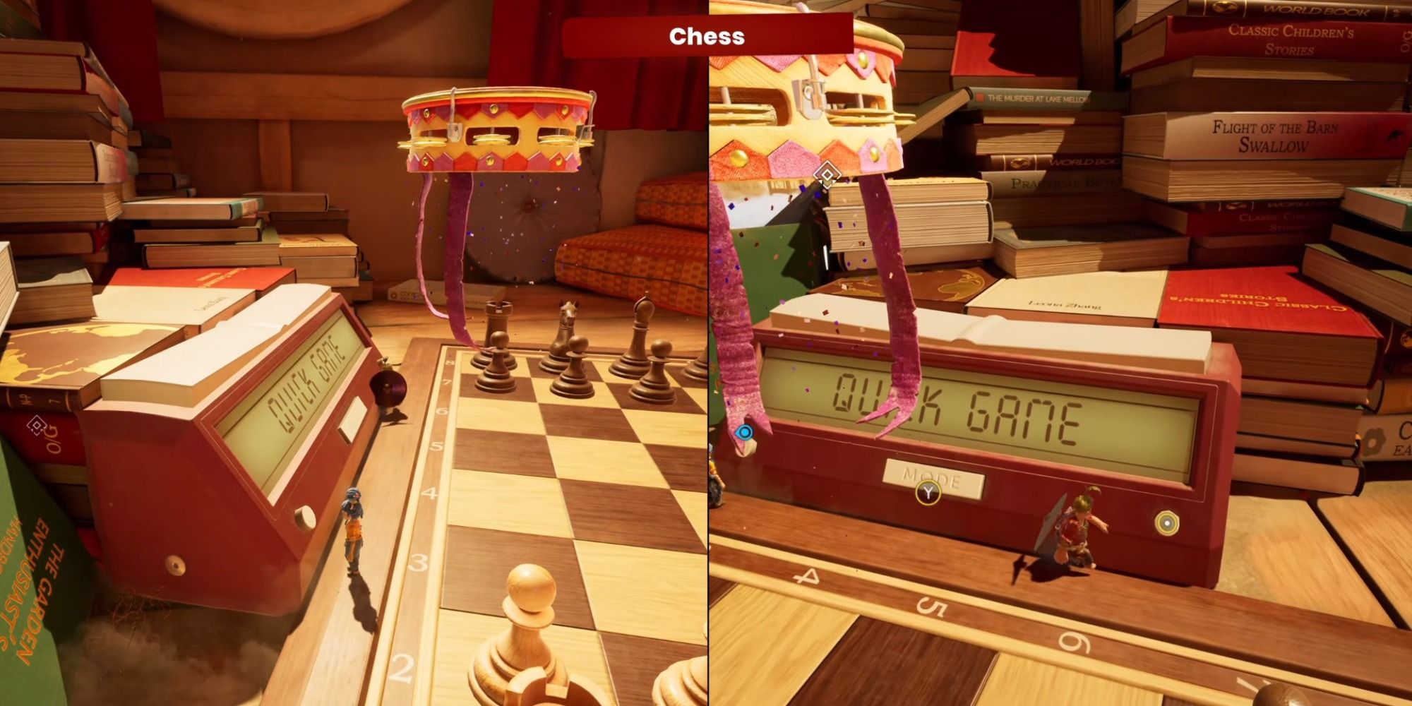 It Takes Two Chess minigame with timer and books in the background