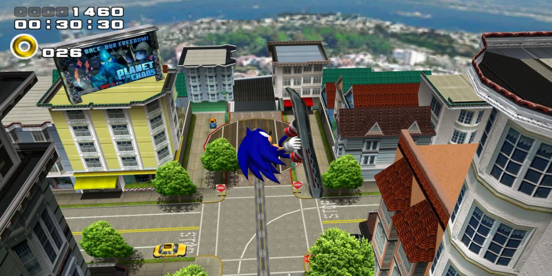 Sonic Adventure 2 - Sonic soaring through the air on a skateboard in City Escape
