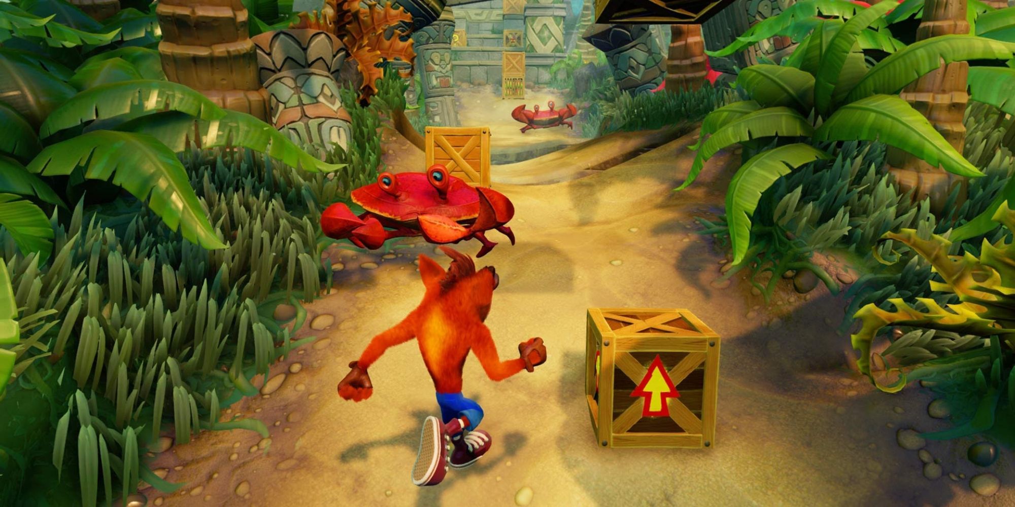 Crash Bandicoot N. Sane Trilogy - Gameplay screenshot of jungle path with crabs