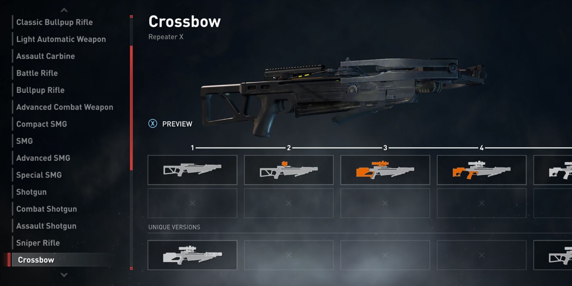 World War Z. Screenshot of the Crossbow weapon loadout screen.