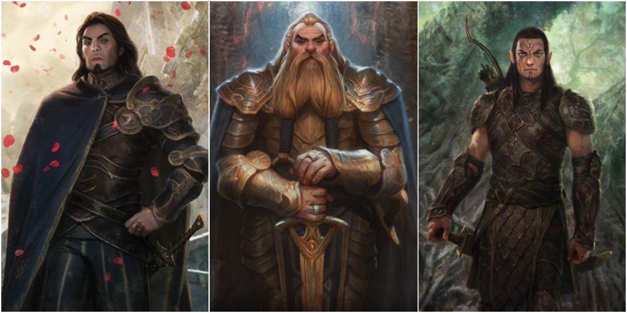 Various artwork of humans, dwarves and dalish elves in Dragon age origins, left to right