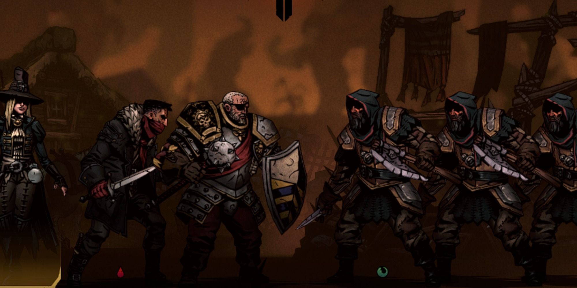 Combat in Darkest Dungeon 2 with a Highwayman, Man at Arms and Grave Robber