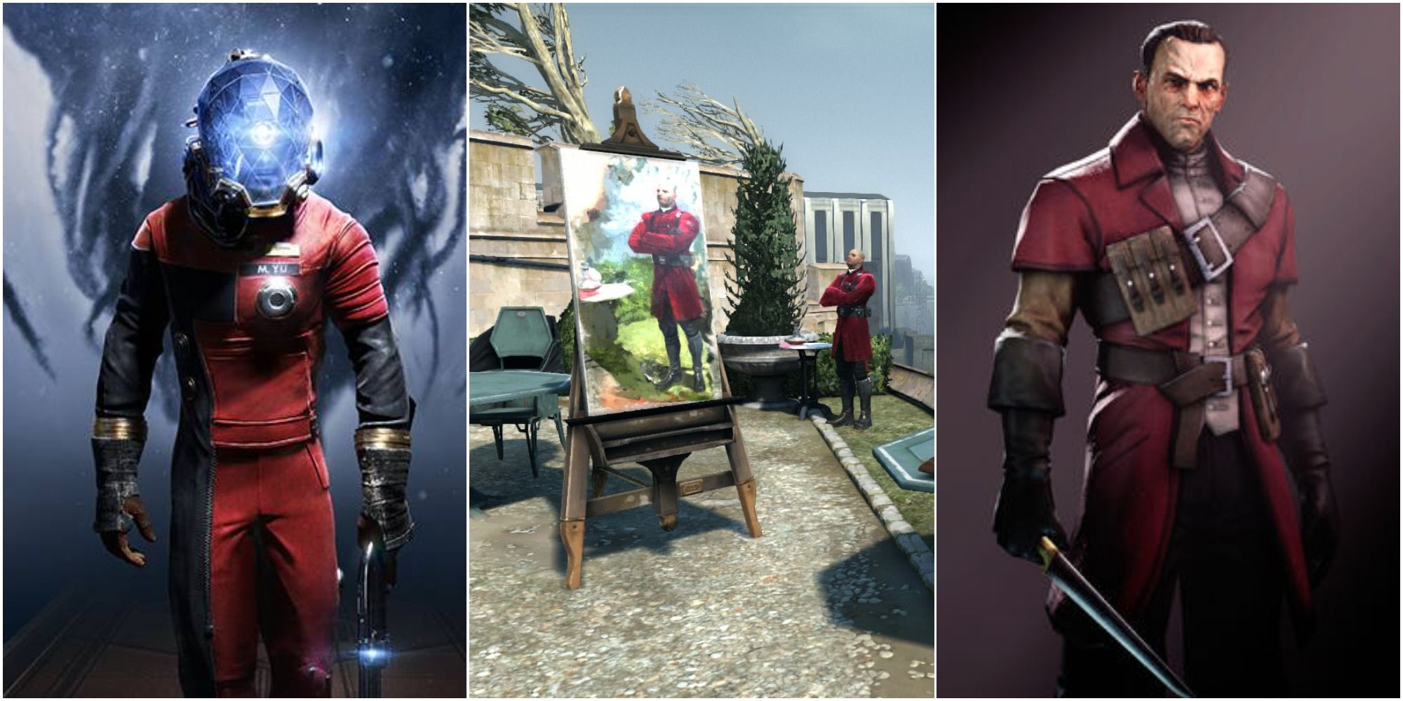 An image of Morgan Yu from Prey, a painting of High Overseer Campbell and a render of Daud,  left to right