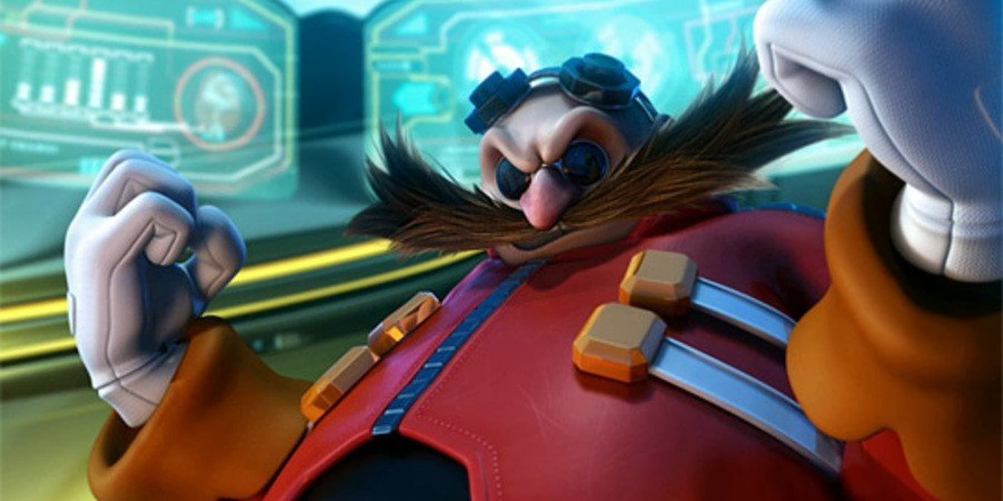 Dr Eggman rising his fists while looking at the camera.