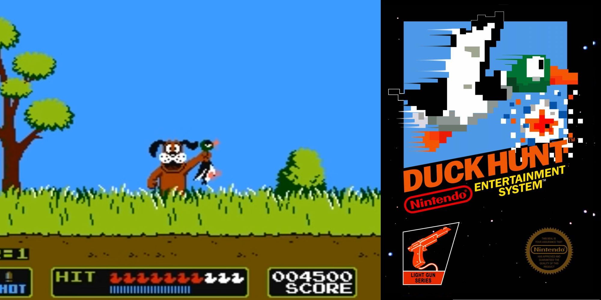 Duck Hunt dog holding duck split with Duck Hunt Cover