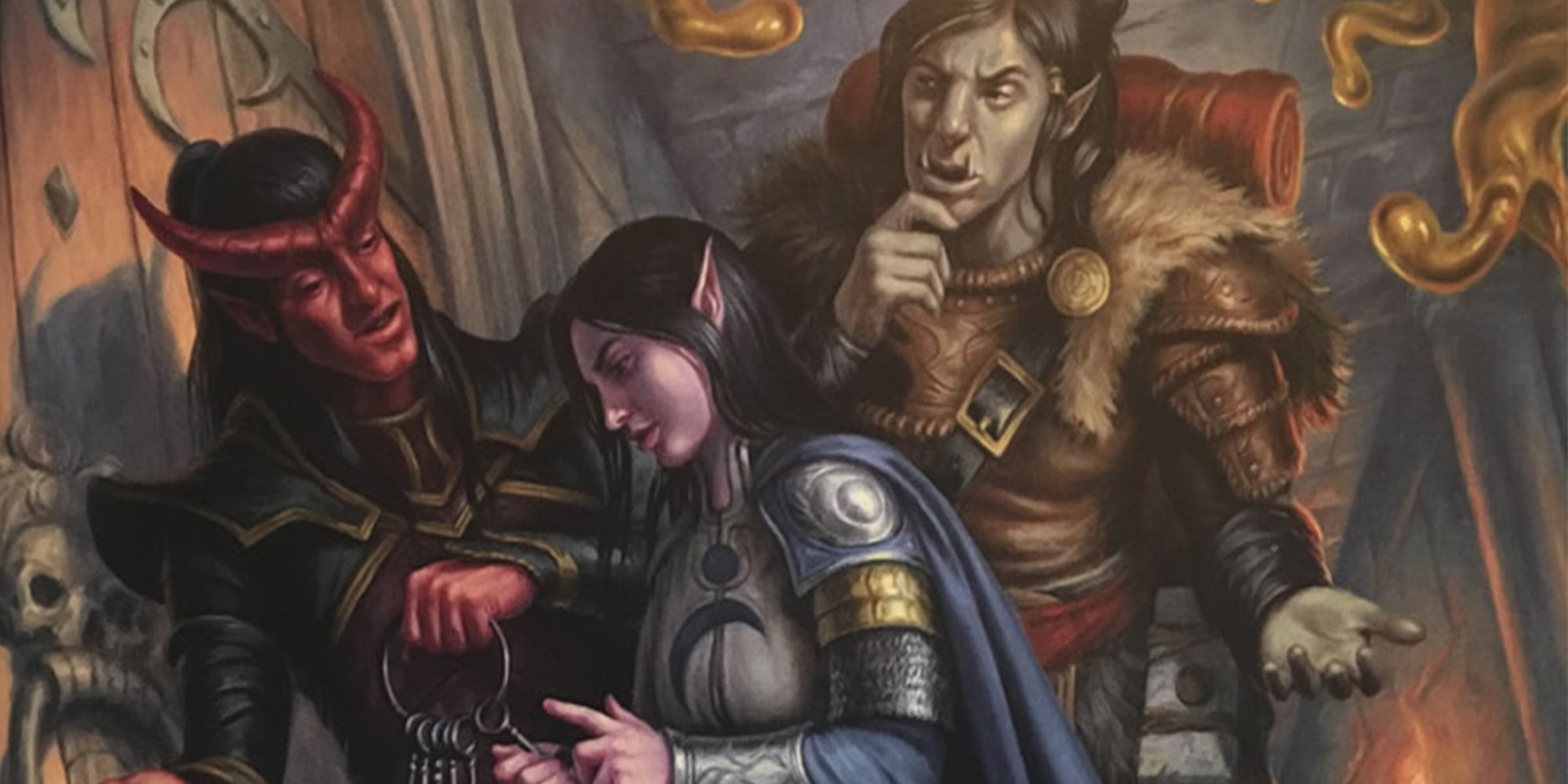 Dungeons & Dragons a tiefling, and elf, and an orc trying to open a locked door