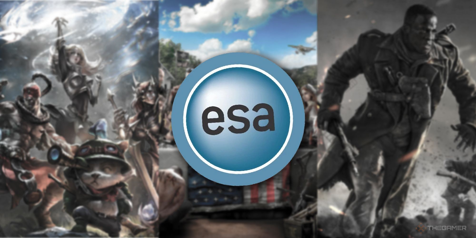 the ESA logo with a split image of call of duty vanguard, far cry 5, and another game I don't know - looks to have some sort of fighting cute animals