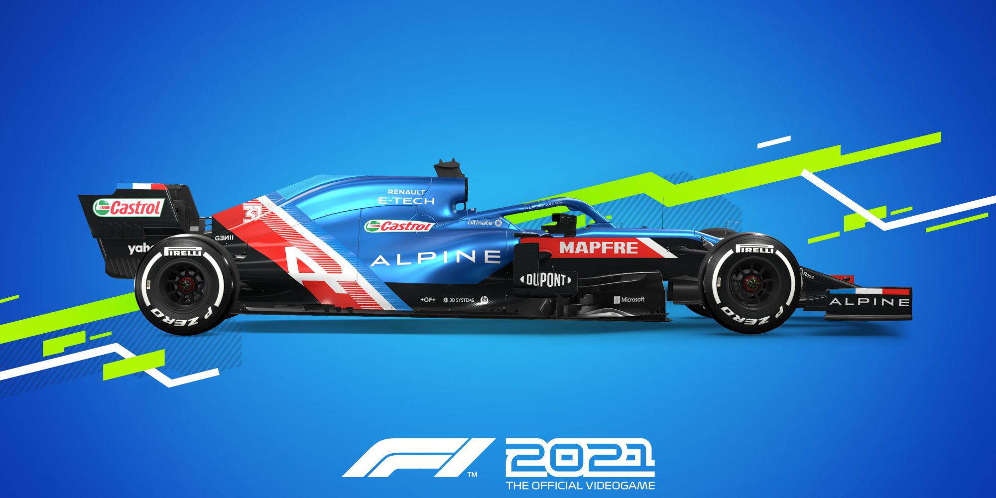 a shot of the formula 1 car Alpine against a blue background with green streaks running through it and the game's logo beneath it