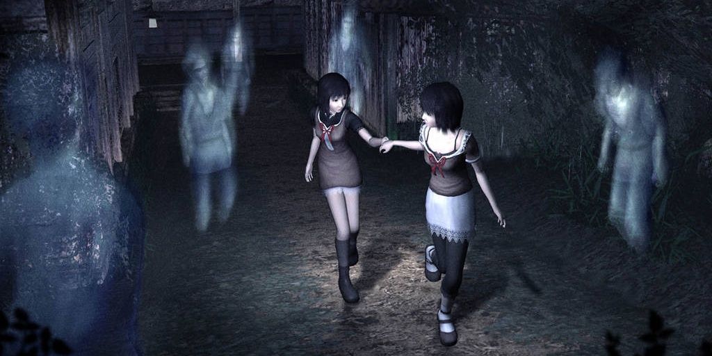Fatal Frame 2 twins running through a horde of ghosts