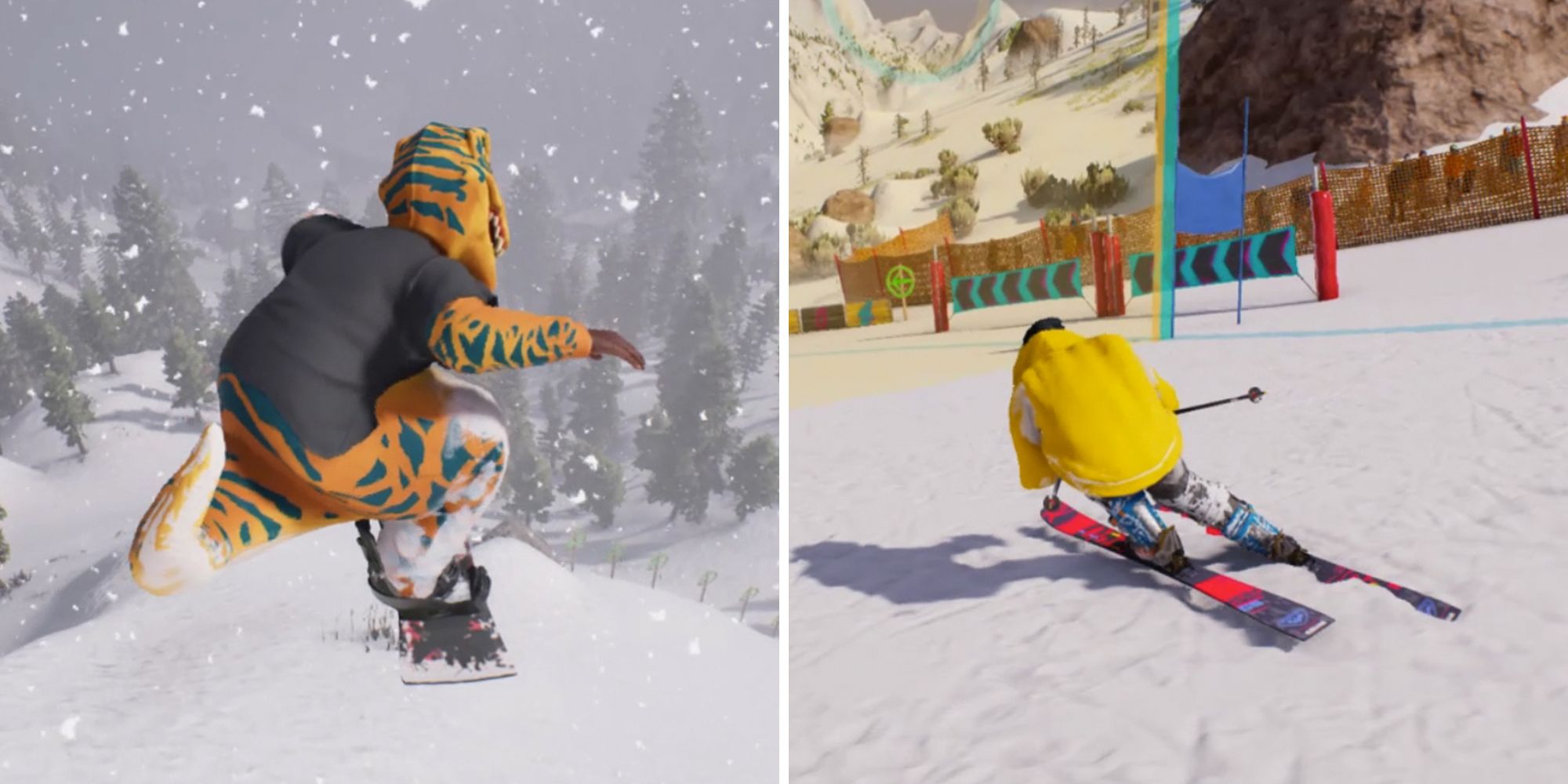 Riders Republic. Split image. Dinosaur outfit riding snowboard on left. Skis on the right.