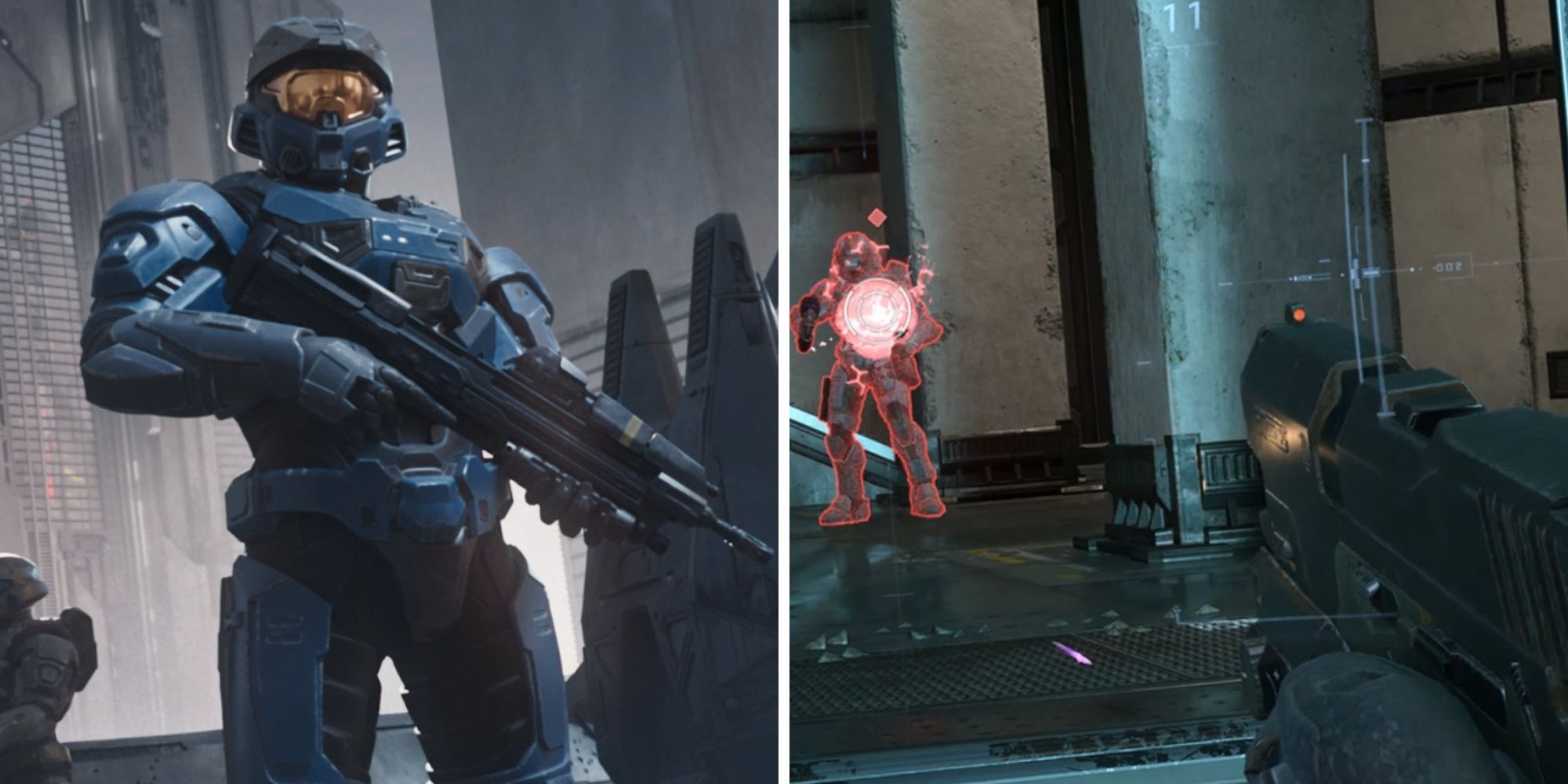 Halo Infinite split image. character wearing bulky blue armour on left and gun sights aimed at an enemy on the right.
