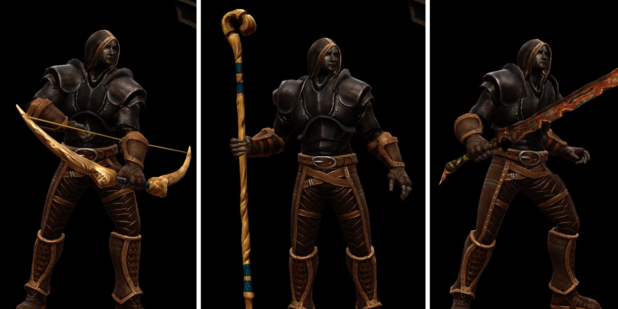 Kingdoms Of Amalur Re-Reckoning, split image. character with bow, stave and sword across the three images.