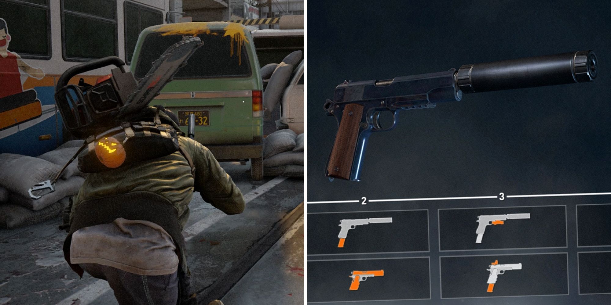 World War Z. Split image. Character crouching on the left with a chainsaw on his back, photo of the pistol on the right.