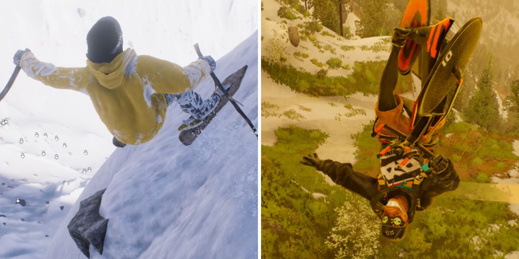 Riders Republic. Split image. Rider on the snow with skis on left. Rider performing a trick on a bike on the right.