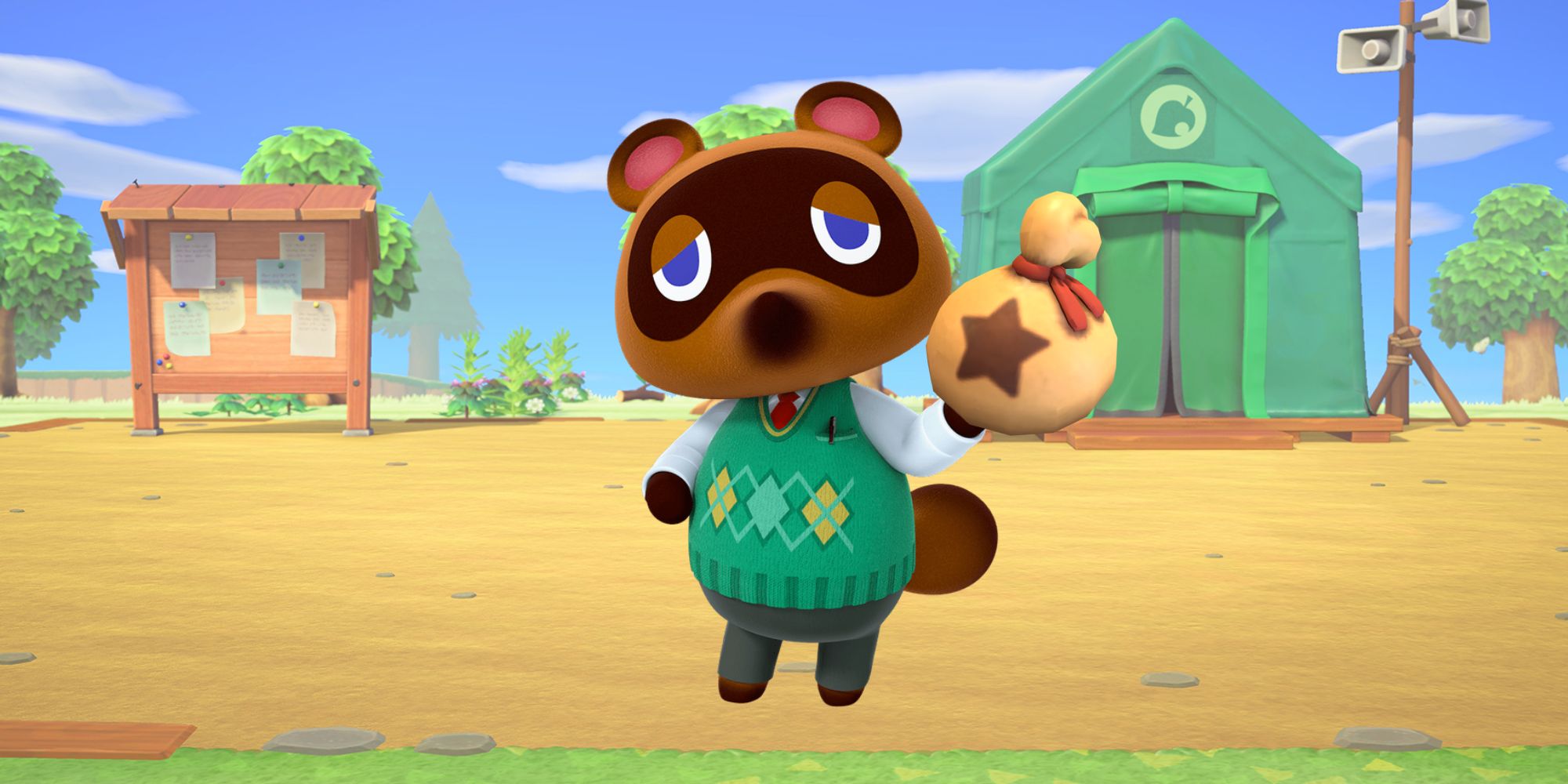 Fictional Currencies a wide shot of Tom Nook from Animal Crossing holding a bag of bells on an island in front of a green tent