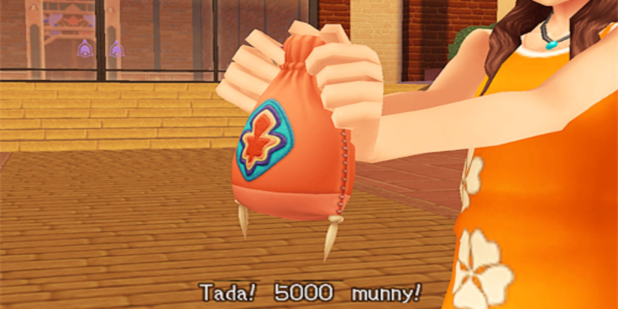 Fictional Currencies a girl from Kingdom Hearts holding out a bag of Munny with the subtitles below reading "Tada! 5000 munny!"