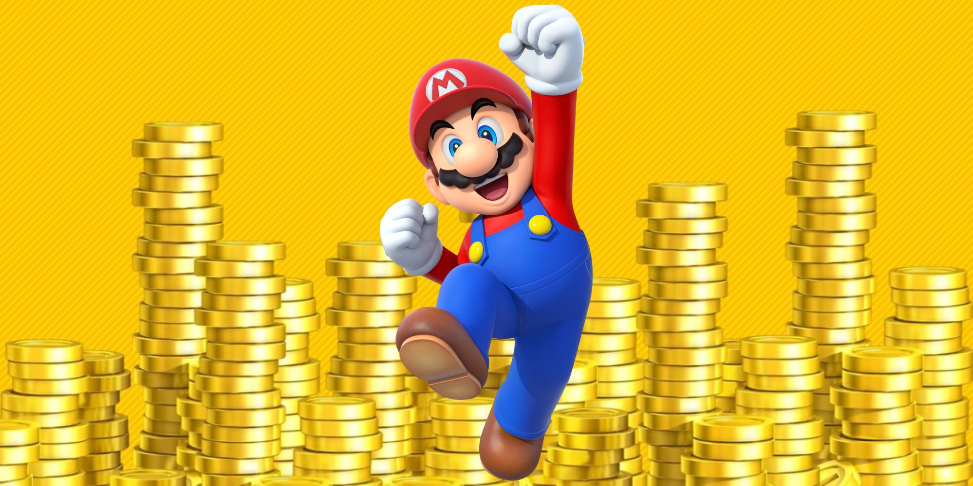 Fictional Currencies a wide shot of Mario jumping in the air with his fist raised in front of piles of golden coins