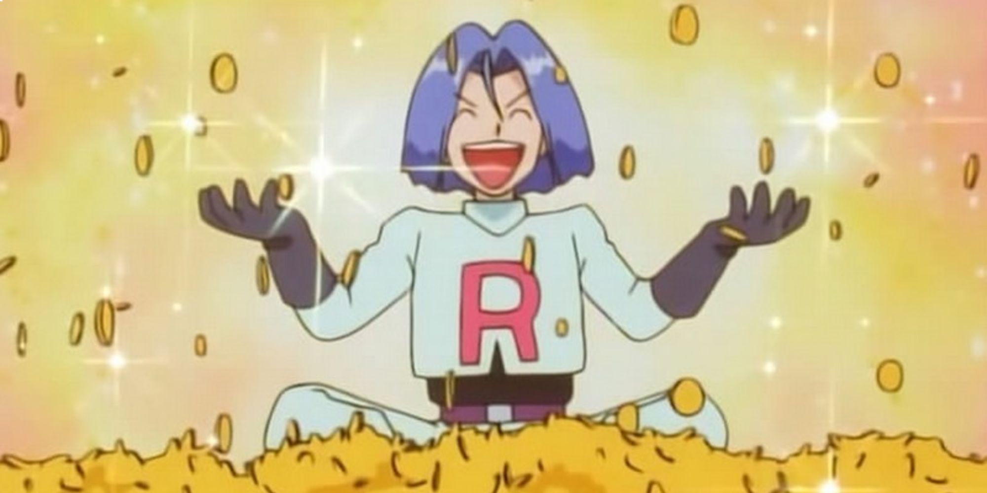 Fictional Currencies a mid shot of James from the Pokemon anime grinning with his arms raised as money pours from above
