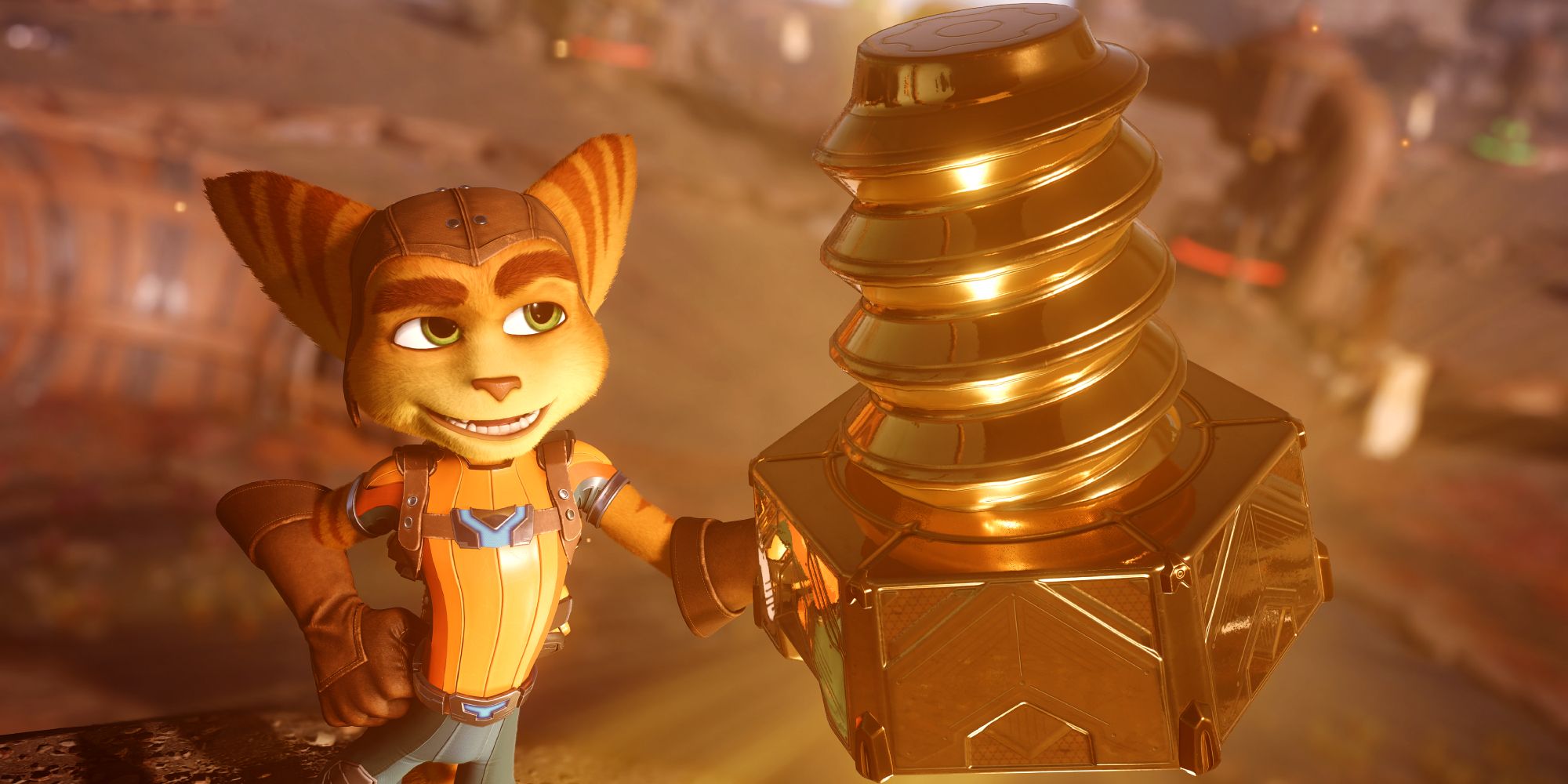 Fictional Currencies a mid shot of Ratchet from Ratchet & Clank smugly holding a giant golden bolt