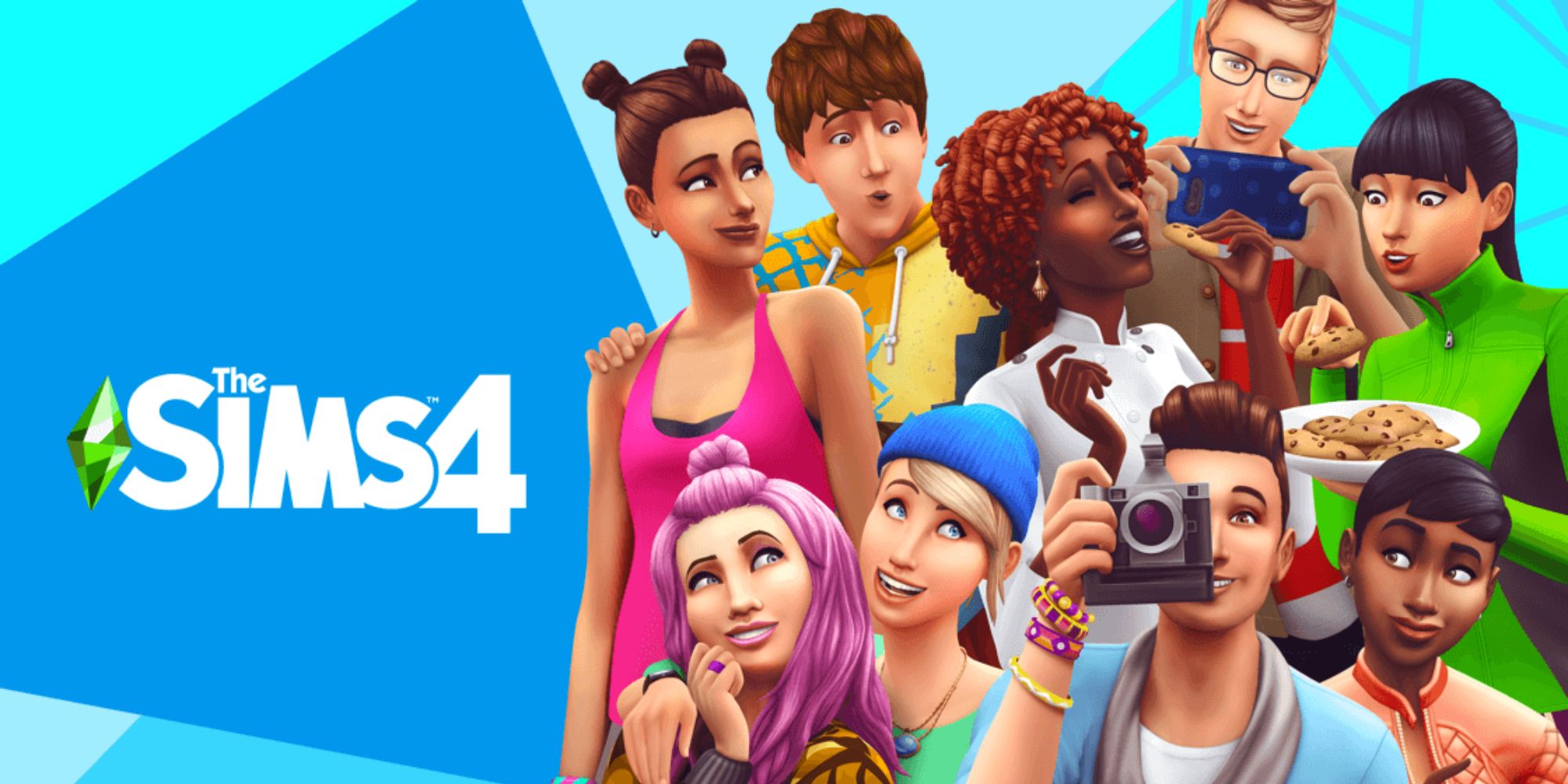 Fictional Currencies a cover image for The Sims 4 with various Sims on the right holding a variety of items and posing with the game's logo against a blue background on the left