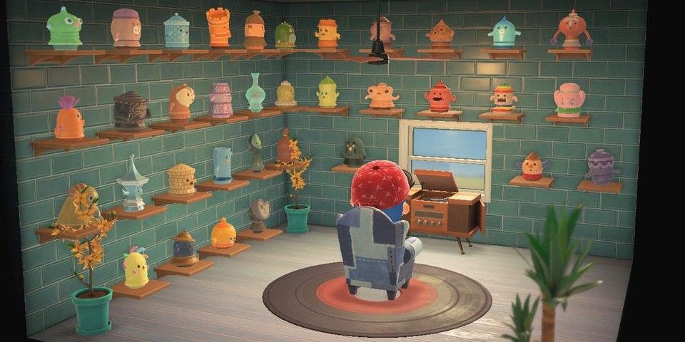 animal crossing new horizons 2.0 villager in room full of gyroids