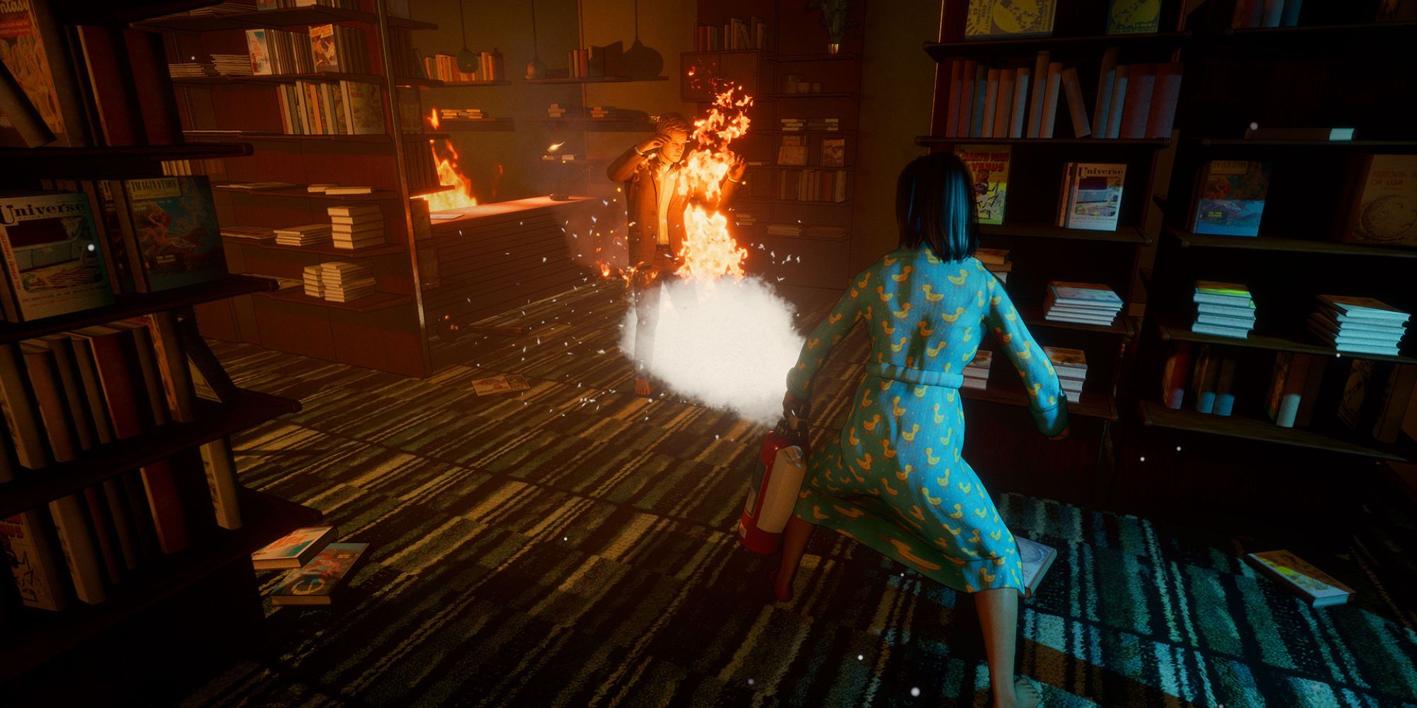 First Class Trouble steam promo image of player extinguishing person on fire