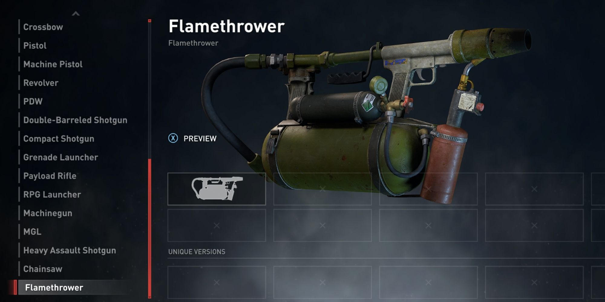 World War Z. Screenshot of the Flamethrower weapon loadout screen.