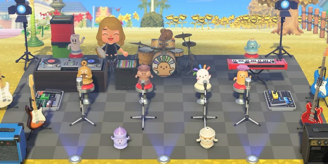 animal crossing new horizons gyroids outdoors singing in band