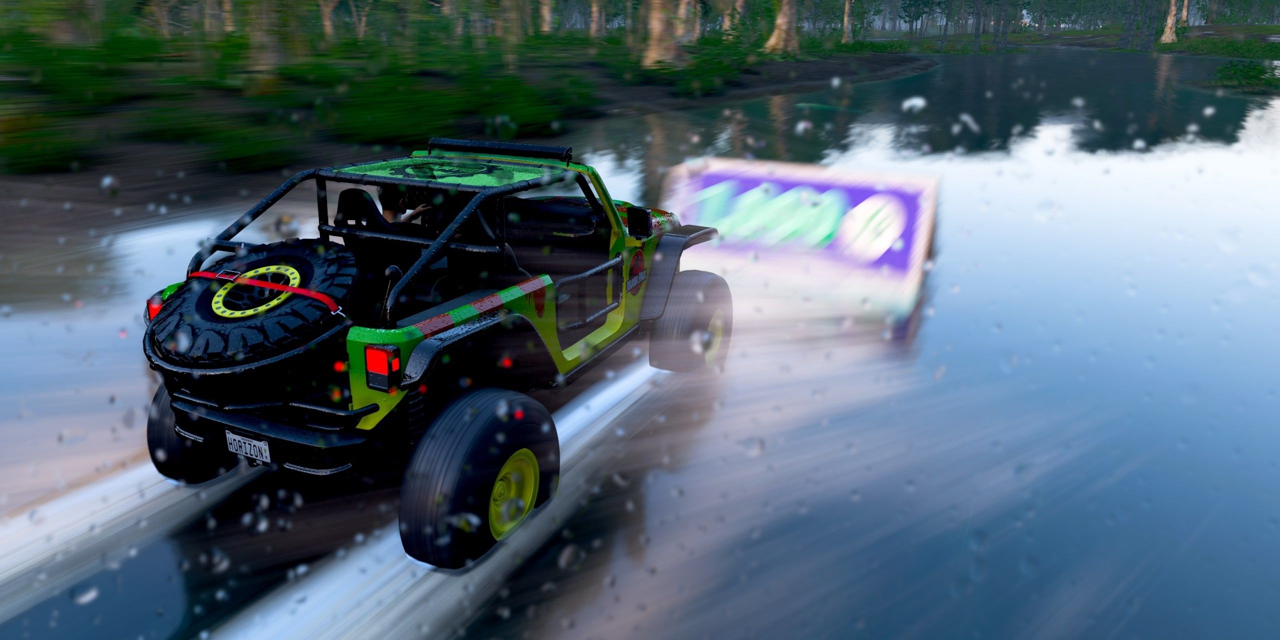 A Jeep hitting an XP sign in Forza Horizon 5
