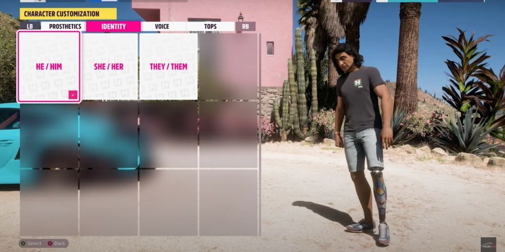 Forza Horizon 5 character creation screen with pronoun options.