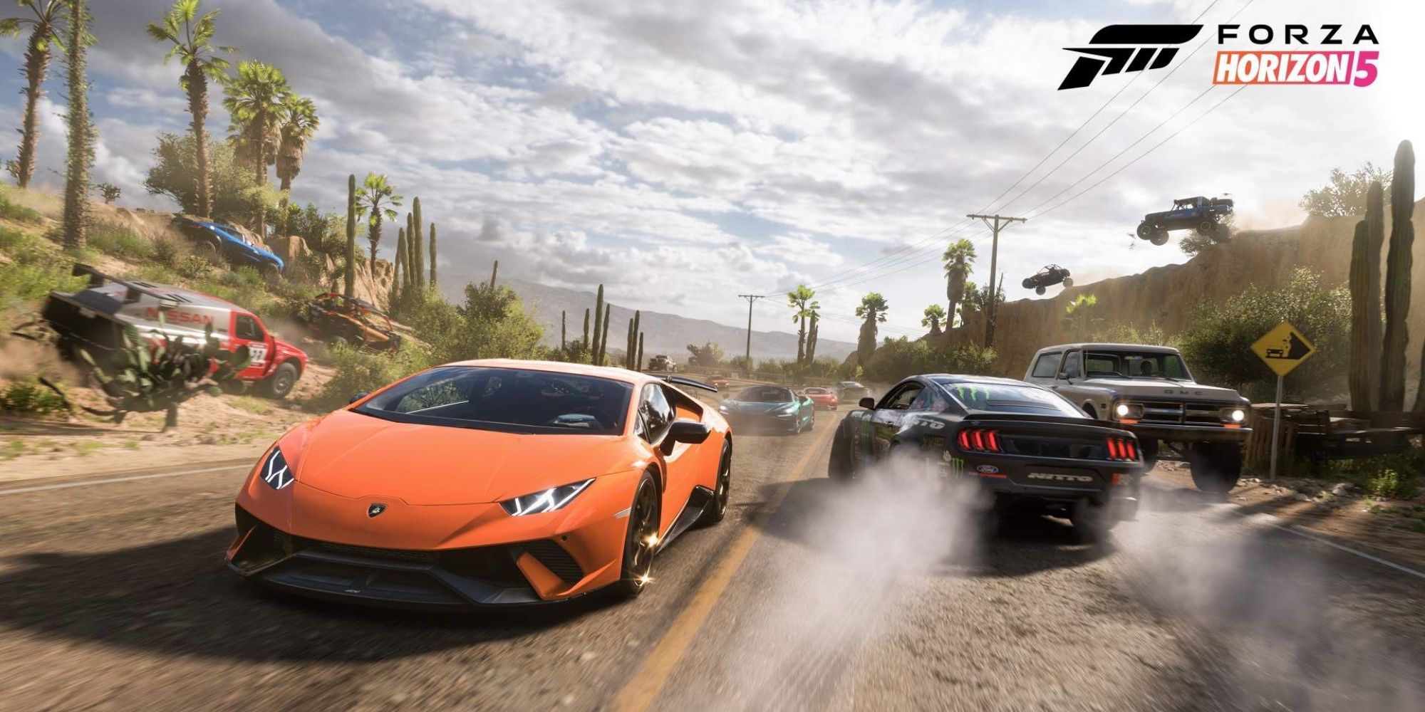 Forza Horizon 5 screenshot of an orange lamborghini and a new mustang